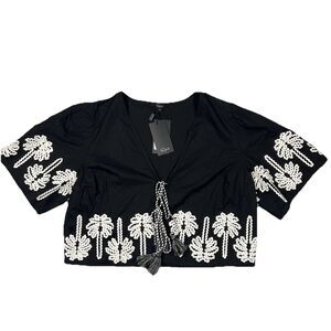 Rails Pari Top Black Ivory Palm Trees Women’s M Front Tie Resort Wear Cotton